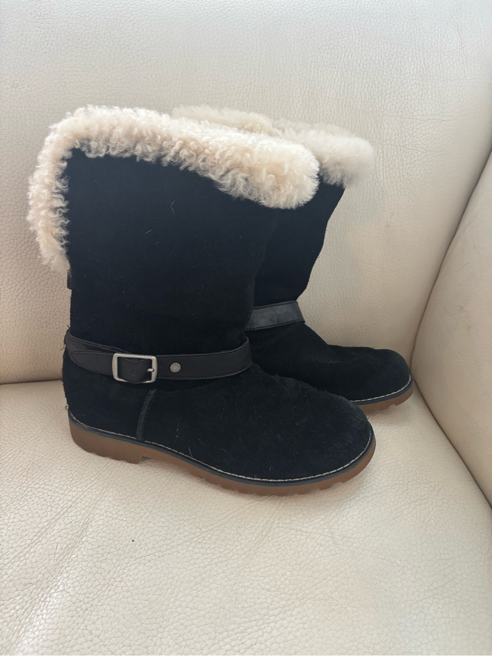 UGG Black Suede Winter Boots with Cream Shearling Cuff